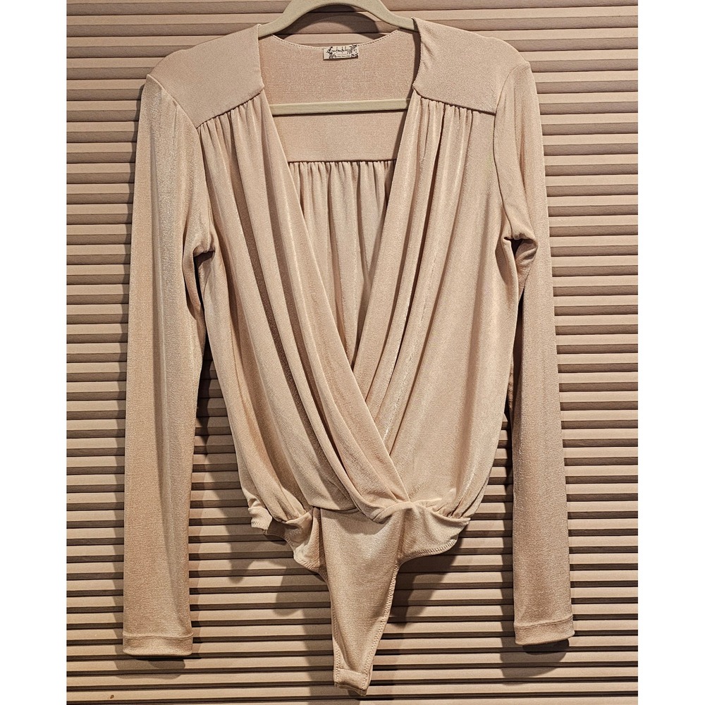 Intimately Free People Womens Long Sleeve Deep V-Neck Wrap Bodysuit Beige Medium